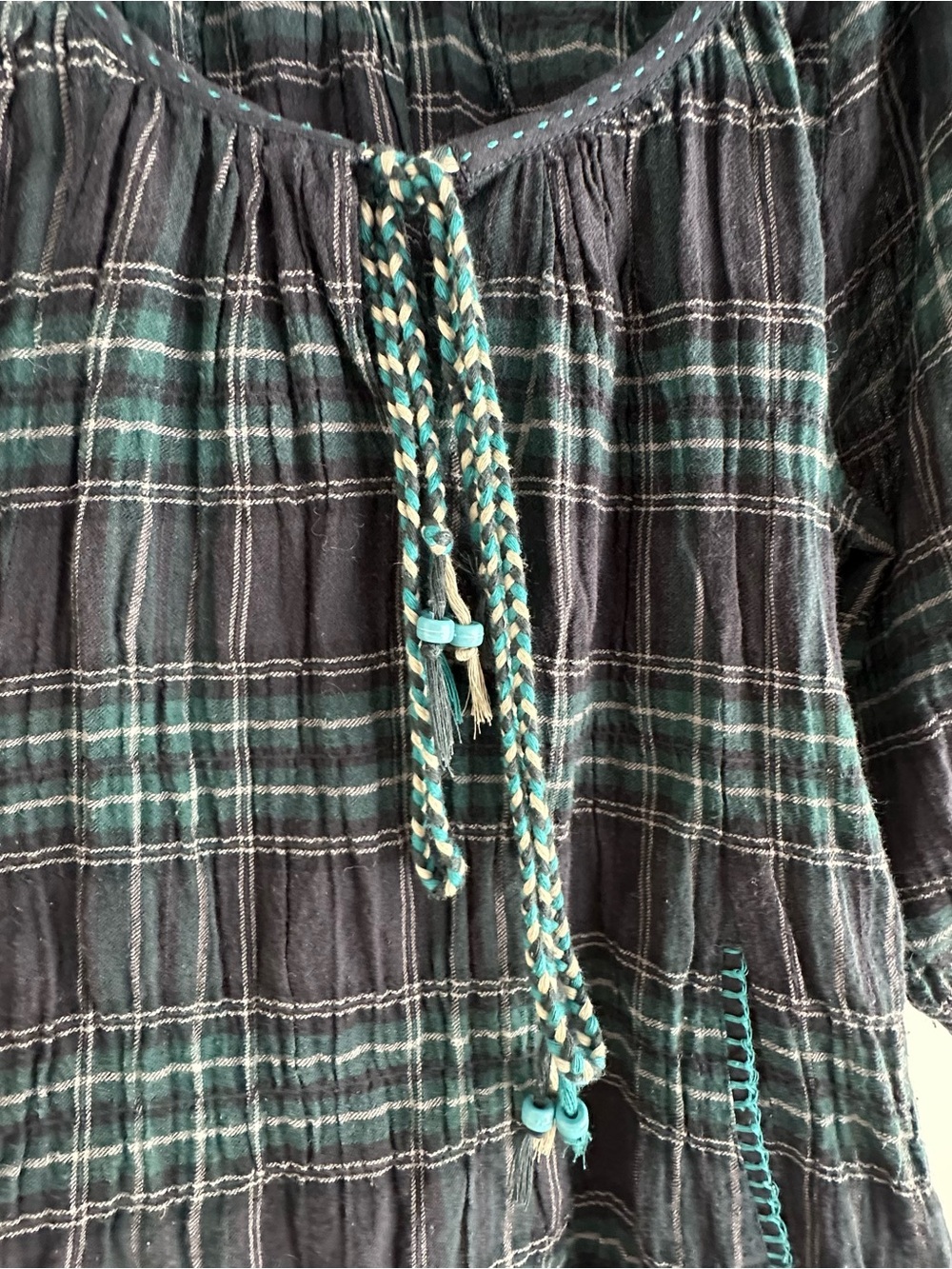 Y2K Zara Navy and Green Plaid Peasant Tunic with Braided Tie S - Picture 6 of 10